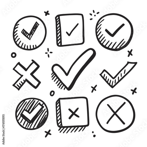 Hand Drawn Checkmarks and Crosses in Various Shapes Keywords: check mark, cross, x, tick, circle