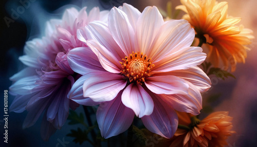 Colorful flowers blooming in vibrant hues against a soft background -