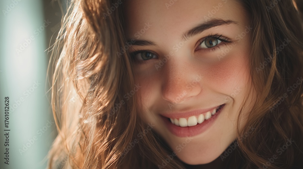 Naklejka premium The woman's hair cascades over her shoulder in soft waves, catching the light. This light highlights the woman's natural hair texture against the neutral background.
