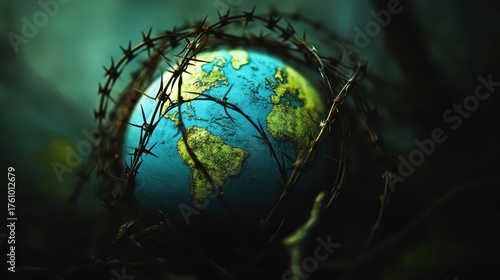 Wallpaper Mural Globe Earth wrapped in barbed wire representing global conflict Torontodigital.ca