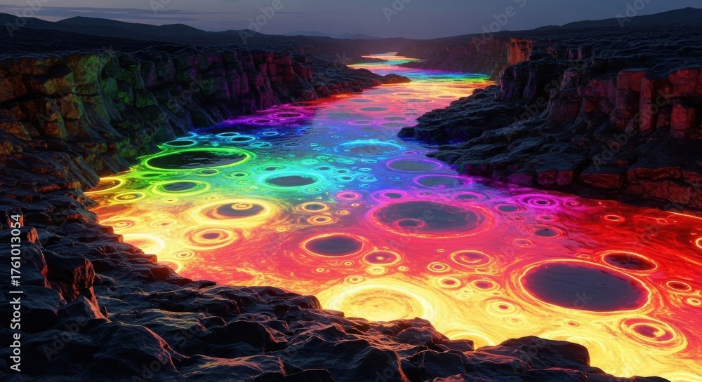 Fototapeta premium Breathtaking landscape with a river flowing through a canyon, illuminated by a vibrant rainbow of glowing colors and glowing circles