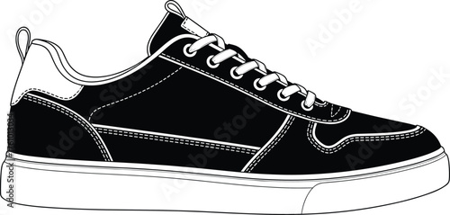 Black and white sneaker line art, low-top lace-up shoe with padded collar, pull tab, thick sole, fashion footwear vector illustration
