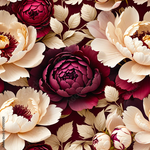 Fototapeta Naklejka Na Ścianę i Meble -  Seamless moody floral pattern with large blooming peonies and roses in deep burgundy and dark maroon tones, vibrant colors on a black background, high contrast, luxurious elegant design