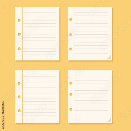 Set of four blank lined paper sheets with hole punches, organized in a 2x2 grid against a yellow background