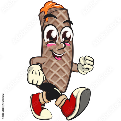 funny cute wafer stick biscuit mascot character walking, cartoon vector illustration for dessert and bakery design, work of hand drawn