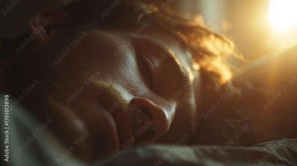 Naklejka premium A bearded man lies with his eyes gently closed as sunlight illuminates his face. The sunlight softly highlights the man's hair and casts a warm glow on the man.
