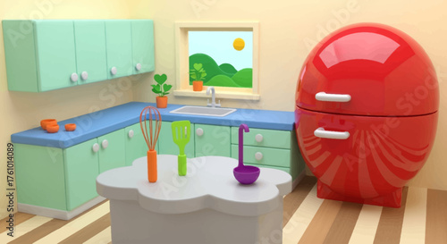 Vibrant Kitchen Interior: A bright and inviting kitchen scene, featuring playful decor and appliances. The scene emanates a sense of warmth and cheerful ambiance.