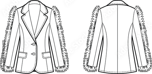 Tailored blazer fashion flat, feather sleeve embellishment, notched lapel, flap pockets, front and back view garment construction sketch illustration