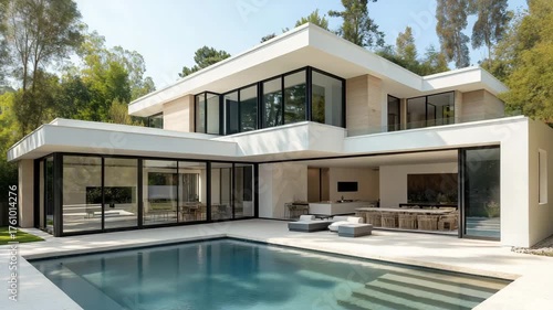 Wallpaper Mural Modern luxury villa with glass walls and swimming pool surrounded by trees in sunny daylight Torontodigital.ca