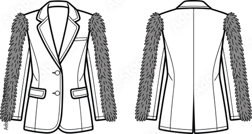 Tailored blazer fashion flat, notched lapel, fur sleeve detail, flap pockets, chest welt pocket, back vent, garment sketch front and back view