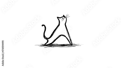 A stick-figure style cat in a classic "cow" yoga pose, with its back arched and head up.