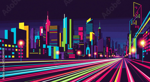 Bold geometric pop art cityscape at night with vibrant lights and dynamic colors