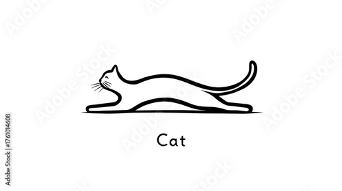A stick-figure style cat in a classic "cow" yoga pose, with its back arched and head up.