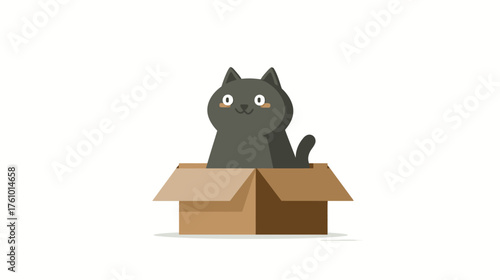 A flat design vector illustration of a happy, stylized cat sitting inside an open cardboard box.