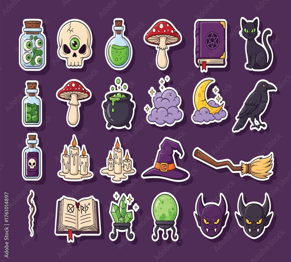 Fototapeta premium Vector art of a spooky sticker sheet featuring halloween elements like a skull, potion bottles, mushrooms, spellbooks, black cats, crows, a witch hat, broom, crystal ball, and a goblin face on a purpl