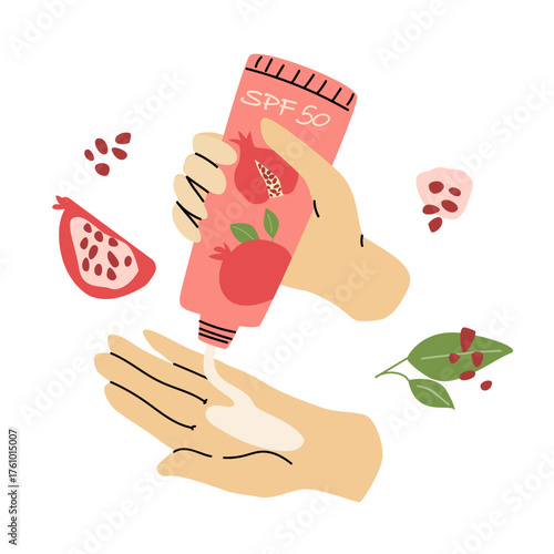 Sunscreen packaging with pomegranate fruit. Vector cosmetic tube and sunblock cream decorated with juicy seeds. Summer skincare and beauty product for sun protection and healthy skin.