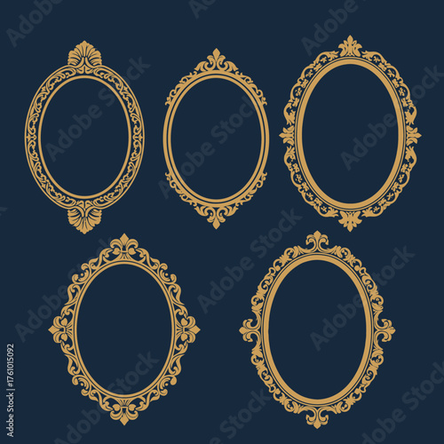 Elegant set of five golden oval frames, featuring intricate baroque and rococo inspired scrollwork. Ideal for luxurious decorative borders or classic design elements