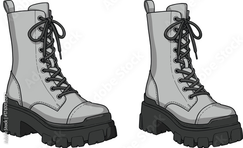 Stylish gray combat boots with thick soles, lace-up design, trendy footwear fashion illustration for street style and modern outfit inspiration