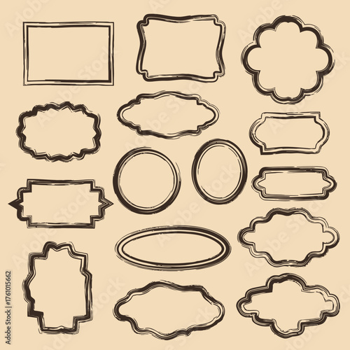 Collection of hand-drawn vintage frames and labels with a grunge sketch style, perfect for retro design elements and borders