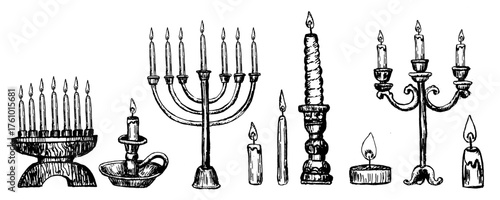 Vintage candle set illustration. Hand drawn engraving style collection of candles, candlesticks, candelabras, menorah and kinara. Holiday candle designs for Christmas, Kwanzaa, Hanukkah isolated