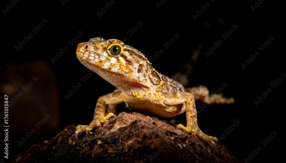 Fototapeta premium A small, colorful lizard perched on a dark rock