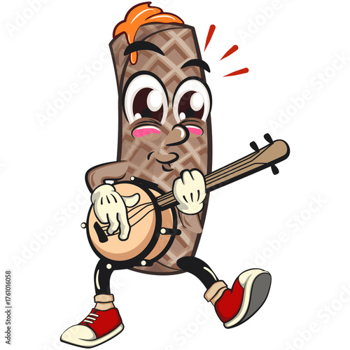 funny cute wafer stick biscuit mascot character playing the banjo musical instrument, cartoon vector illustration for dessert and bakery design, work of hand drawn