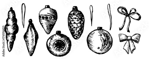Hand drawn vector sketch of christmas ornaments balls and bows in vintage engraving style. Ink pen illustration for winter holidays. Xmas baubles outline set. Linear sketch of tree toys and bows