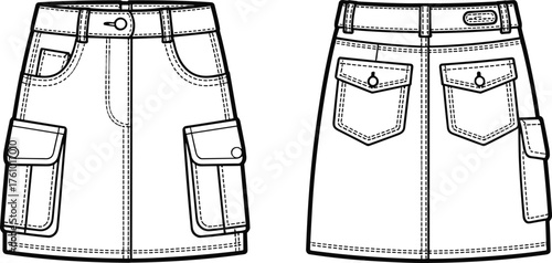 Black and white fashion sketch of cargo skirt, front and back view, belt loops, flap pockets, button closure, topstitching, garment construction, vector template