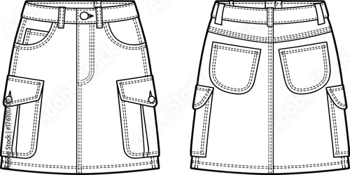 Black and white fashion sketch of cargo skirt, front and back view, belt loops, flap pockets, stitching details, utilitarian style, garment construction, vector template