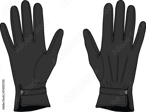 Black leather gloves, palm and back view, fashion accessory, winter wear, stitched detail, wrist strap, elegant design, isolated, realistic, premium