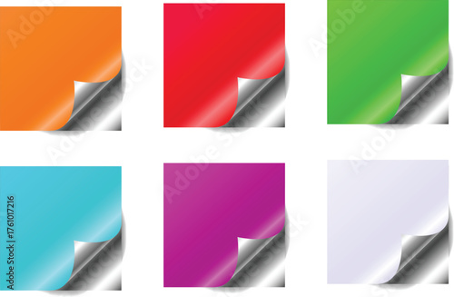 Vector art of six colorful corner folds with metallic silver edges, including orange, red, green, blue, purple, and white