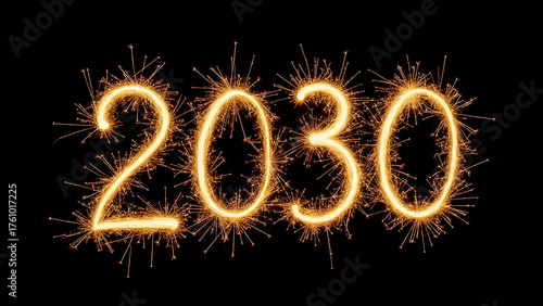 Sparkling fireworks display forming the year 2030 against a black background during a festive celebration