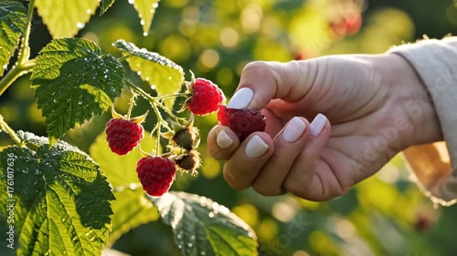 Womans hand plucking ripe raspberries from a bush in natural light
