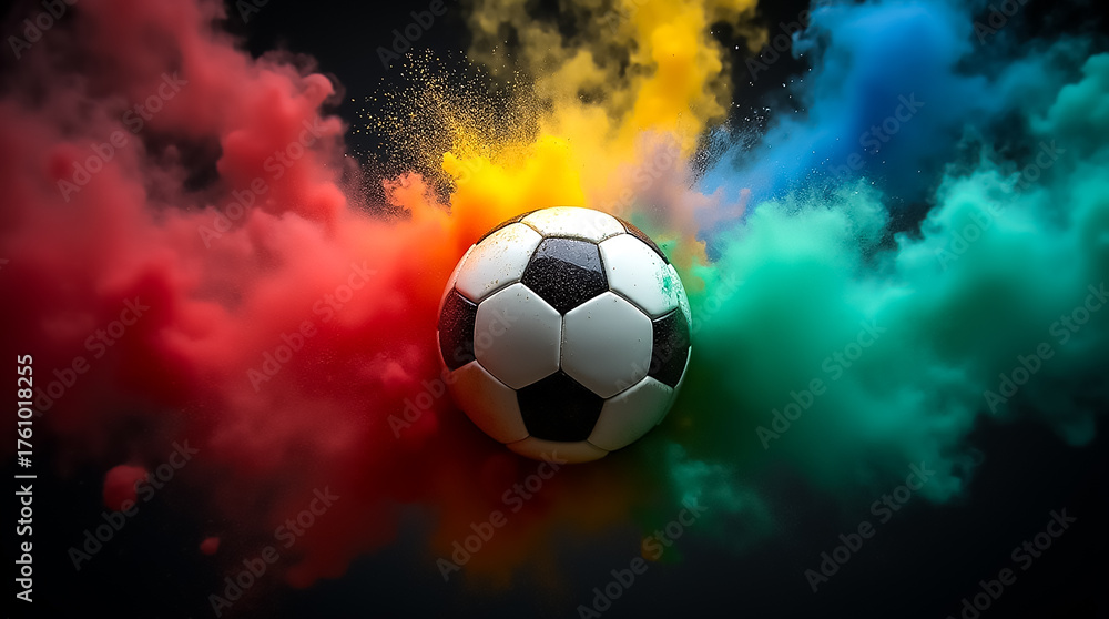 Fototapeta premium Colorful smoke explodes around a soccer ball creating a dynamic visual effect in a thrilling sports setting
