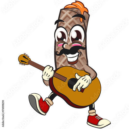 funny cute wafer stick biscuit mascot character playing guitar, cartoon vector illustration for dessert and bakery design, work of hand drawn