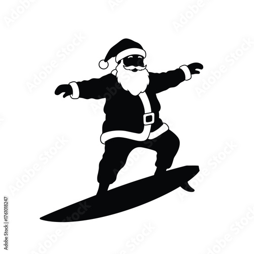 Black silhouette of Santa Claus surfing on a surfboard 2