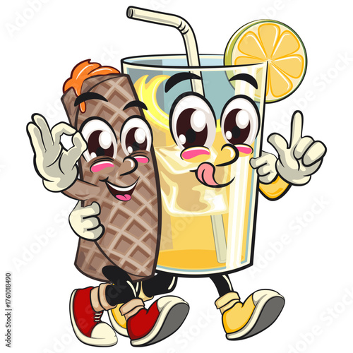 funny cute wafer stick biscuit mascot character walk with a glass of lime juice character while giving oke sign, cartoon vector illustration for dessert and bakery design, work of hand drawn