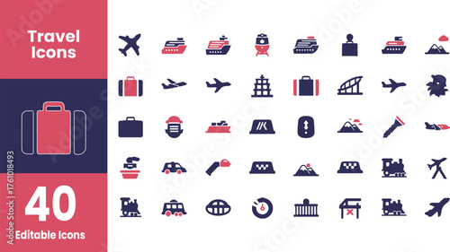 Collection of travel and vacation silhouette icons isolated on transparent background
