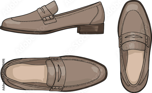 Brown loafer shoe illustration, side view, top view, front view, classic design, moc toe, leather footwear, fashion accessory, detailed sketch