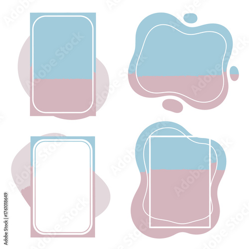 Contemporary abstract graphic frames and fluid shapes in soft pastel blue and pink, offering versatile design concepts for modern layouts, social media backgrounds, and digital templates