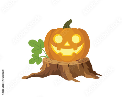 Spooky jack o lantern carved pumpkin glowing on a tree stump with green leaves