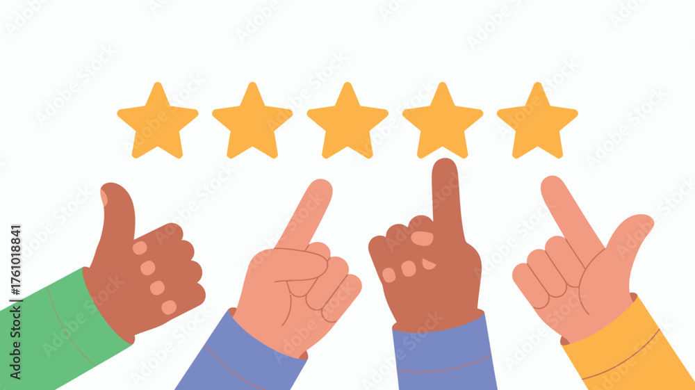 Fototapeta premium Diverse hands giving a five star rating and positive feedback