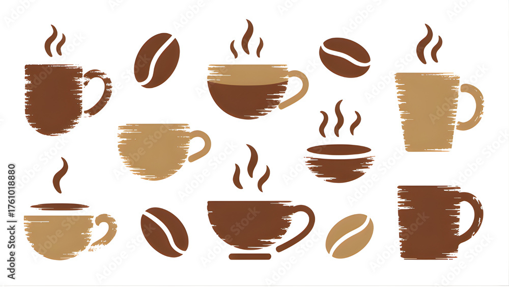 Obraz premium A collection of steaming coffee mugs and aromatic beans inviting a warm start isolated on a white