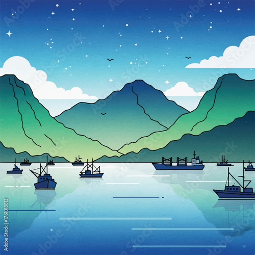 A fleet of fishing boats and ships in a tranquil mountain bay under a starry night sky.