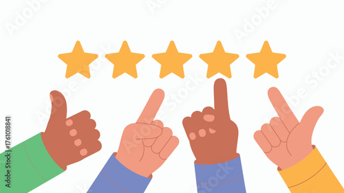 Diverse hands giving a five star rating and positive feedback