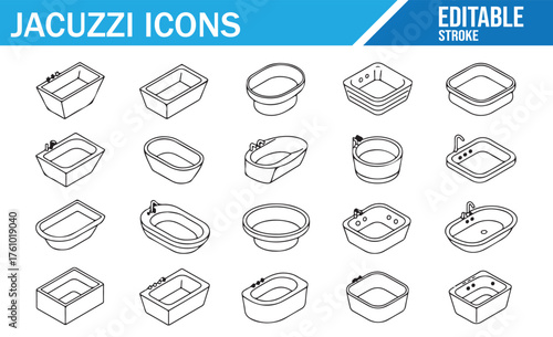 Whirlpool and Jacuzzi Icons – Outline Spa Bath Vector Collection
