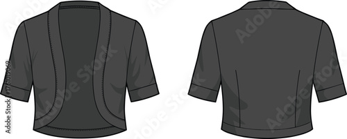 Cropped bolero cardigan technical sketch, short sleeve fashion flat, open front jacket drawing, garment construction, apparel design, vector illustration