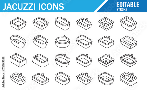 Vector Set of Jacuzzi Icons – Editable Outline Stroke Spa Bathtub Illustrations, Modern Bathroom Hot Tub Collection, Minimal Linear Hydrotherapy Bath and Whirlpool Design for Decor, App, or Logo
