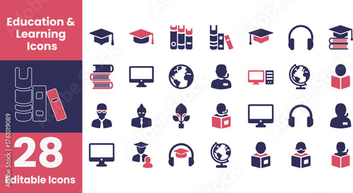 Collection of education and learning icons including books graduation caps computers and globes isolated on transparent background silhouette