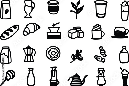 Vector art of a set of simple black and white line art icons representing coffee and bakery items, isolated on a